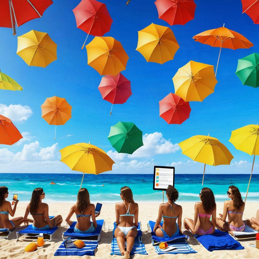 A vibrant beach scene featuring diverse individuals enjoying the sun in stylish bikinis while managing their finances, such as budgeting on a tablet and comparing prices with friends. The background showcases a clear blue sky and sparkling ocean waves, with beach umbrellas and sun loungers. Emphasize a feeling of joy and relaxation amidst smart spending choices. tropical and lively. super-realistic. vibrant colors.